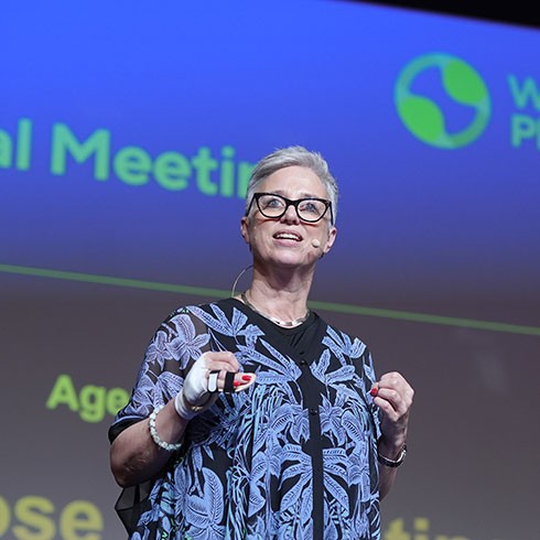 Emma Stokes, World Physiotherapy president 2015-2023, at general meeting in 2023